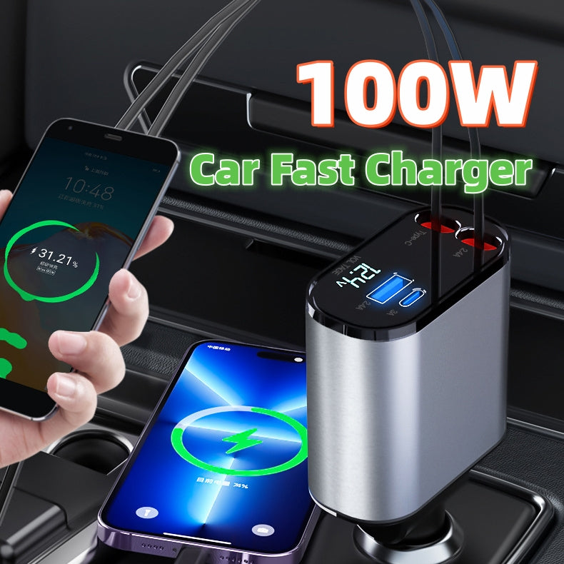 100W Metal Fast Car Charger – USB & Type-C Cigarette Lighter Adapter